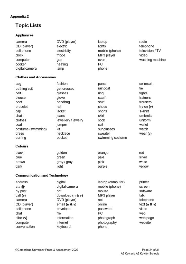 劍橋領思英檢a2單字表 cambridge linguaskill vocabulary list